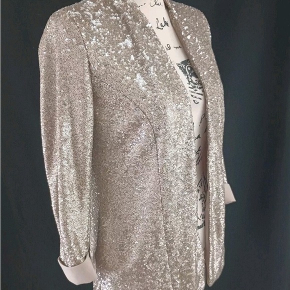 SAM EDELMAN | Champagne Gold Sequin Blazer Open Front 3/4 Sleeves - Picture 11 of 15